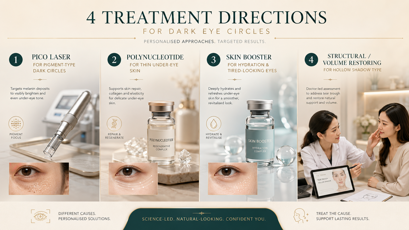 Overview of treatment directions for pigment, vascular, structural and mixed dark eye circles