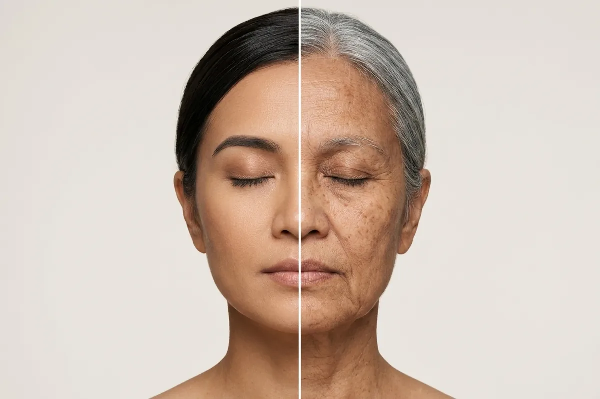 Illustration comparing younger and older facial skin, showing fine lines, pigmentation and loss of firmness that develop with age
