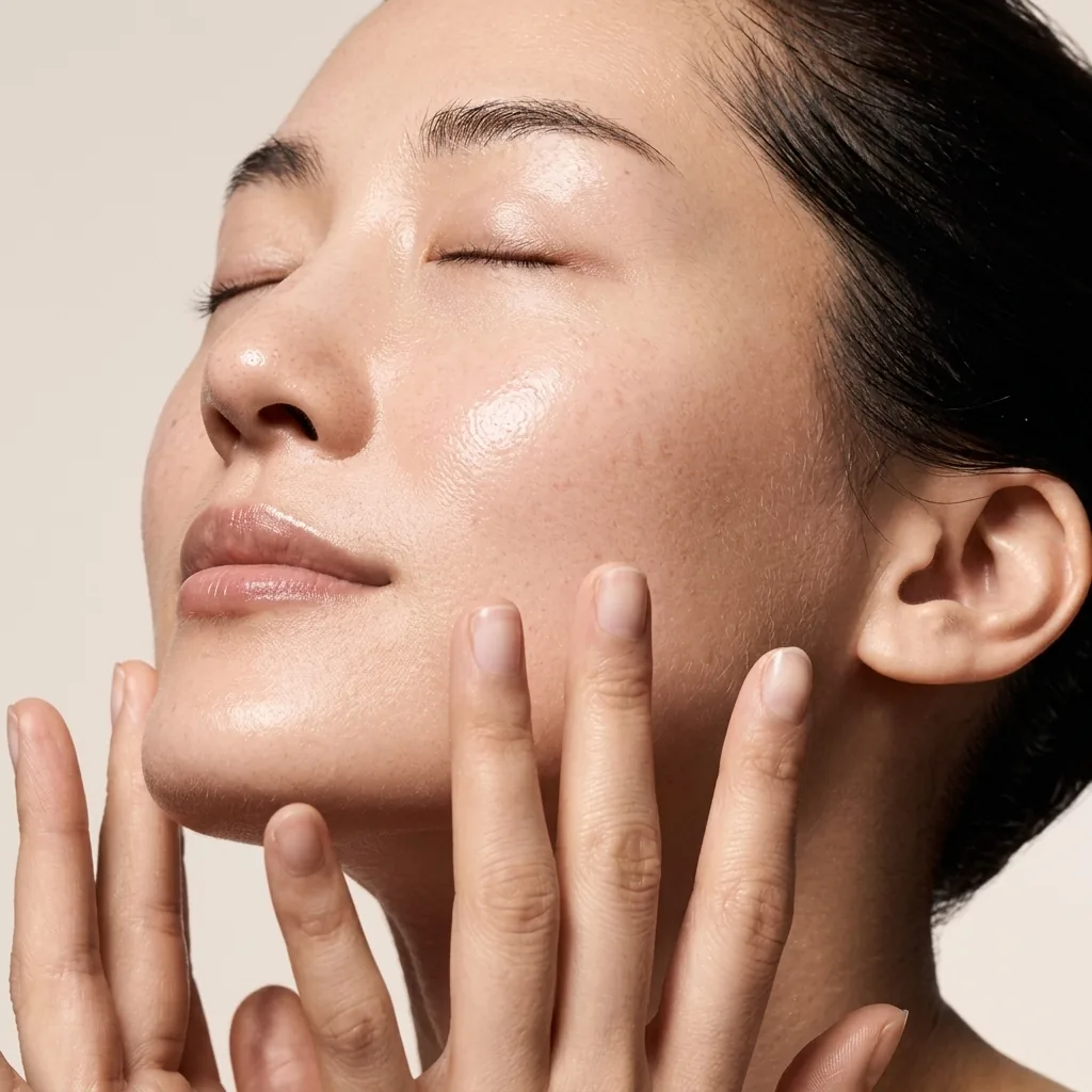 Close-up of hydrated facial skin showing natural pore texture and light reflection across the cheek