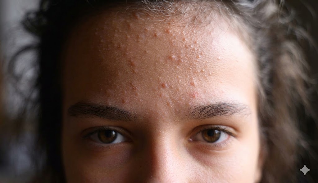 Close-up of comedonal acne showing blackheads and whiteheads on skin surface