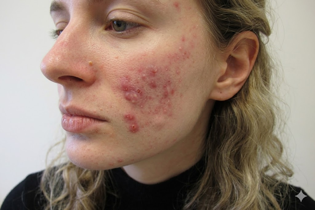 Close-up of cystic acne showing deep painful lesions on skin