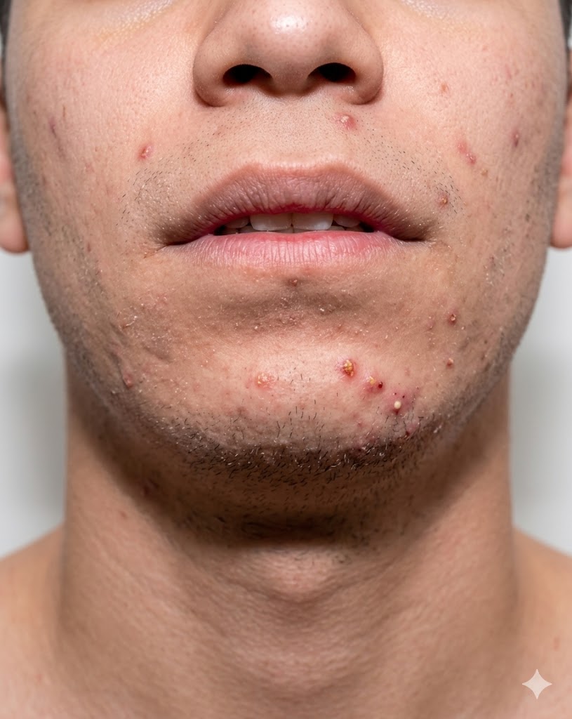 Close-up of inflammatory acne showing red papules and pustules on cheek