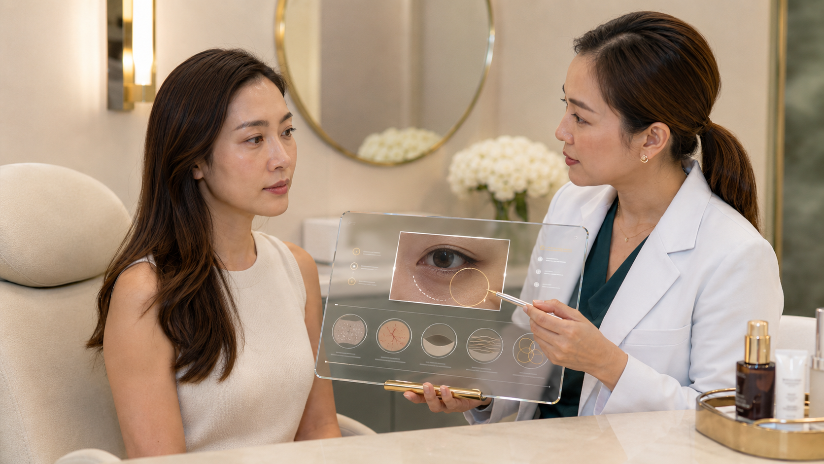 Doctor identifying the cause of dark eye circles before treatment planning