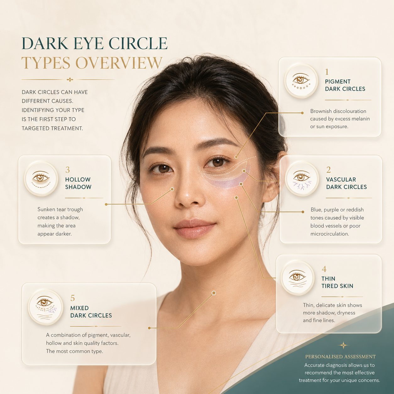 Types of dark eye circles including pigmentation, vascular, hollow shadow, thin skin and mixed dark circles