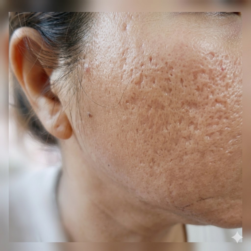 Close-up photograph showing deep boxcar acne scars on the cheek — sharply defined edges with visible depth in the dermis