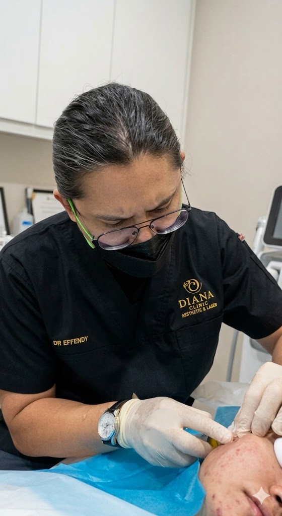 Dr Effendy performing subcision for deep acne scars at Klinik Dr Diana — needle inserted beneath depressed scar tissue under clinical conditions