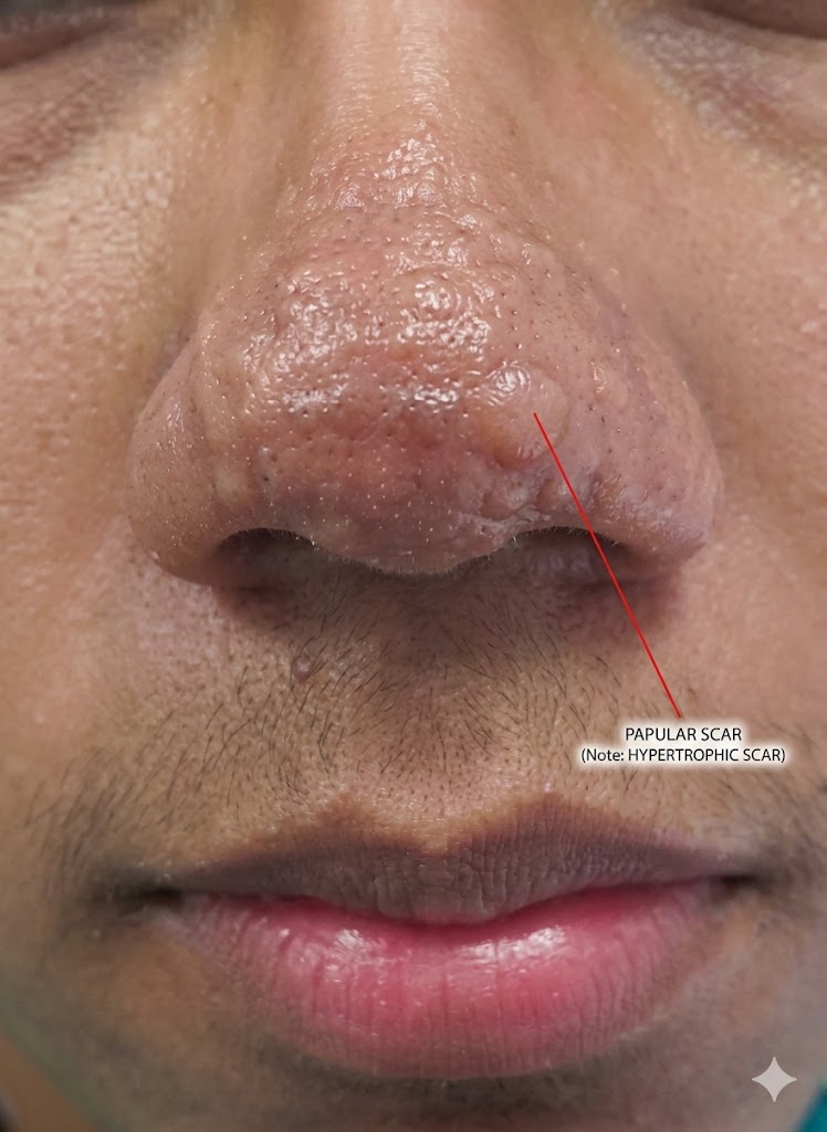 Close-up photograph showing a papular hypertrophic acne scar on the nose — a raised bump caused by excess collagen production during healing