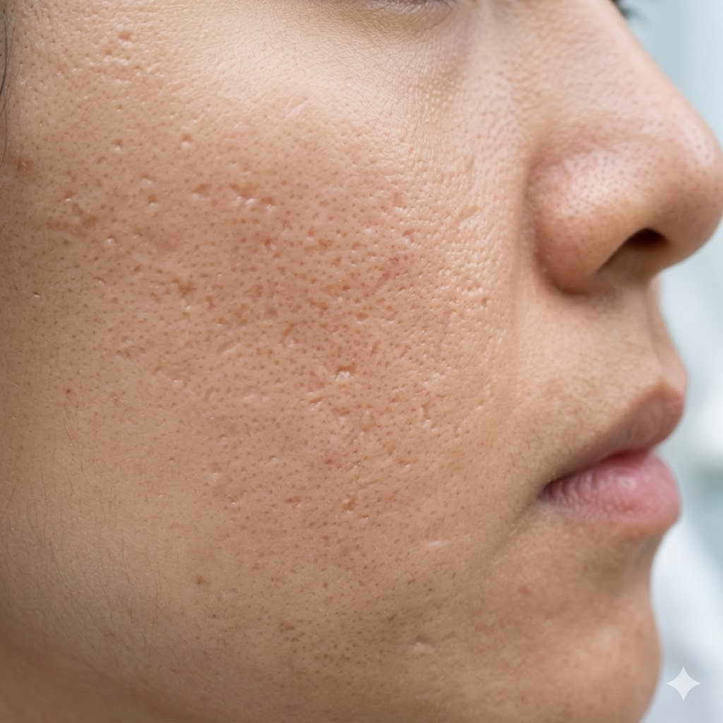 Close-up photograph showing ice pick acne scars on the cheek — small narrow deep pits extending into the dermis