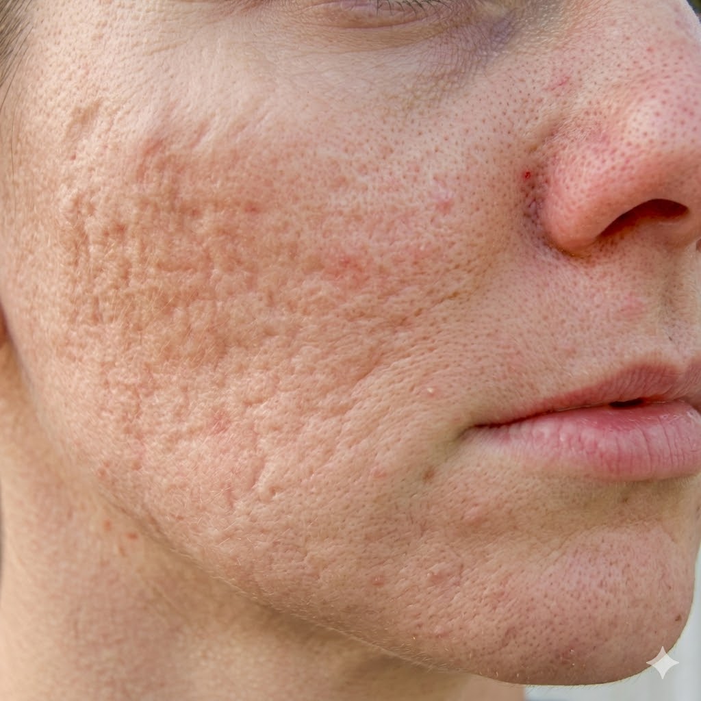 Close-up photograph showing rolling acne scars on the cheek — broad wave-like depressions caused by fibrous tethering beneath the skin