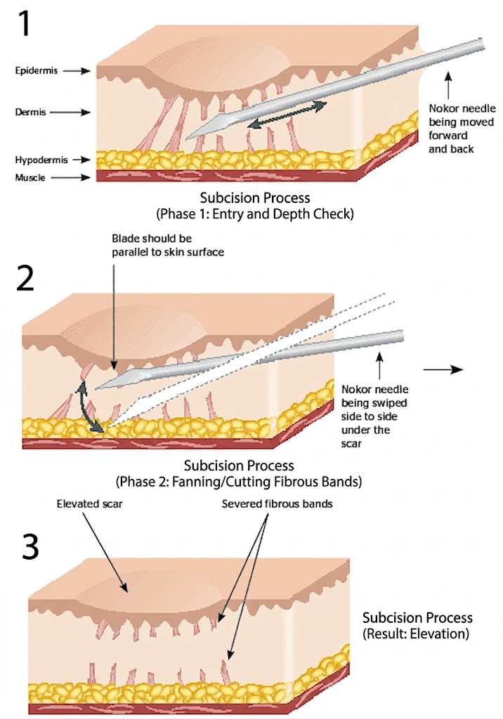 Medical diagram showing the three phases of subcision — needle entry and depth check, fanning to cut fibrous bands beneath the scar, and the resulting scar elevation after severed bands release