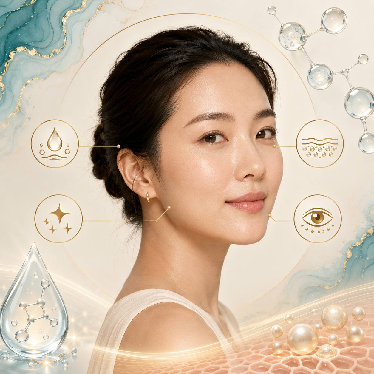Hyalual Electri benefits showing hydration, glow, smoother texture and under-eye skin quality