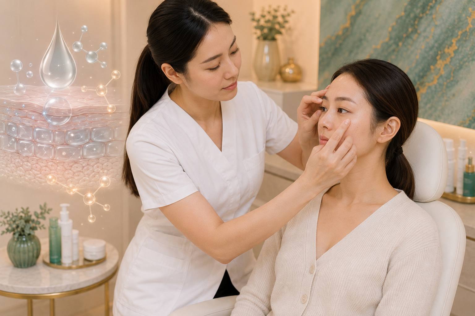 Doctor assessing skin hydration, dullness and under-eye concerns before Hyalual Electri treatment