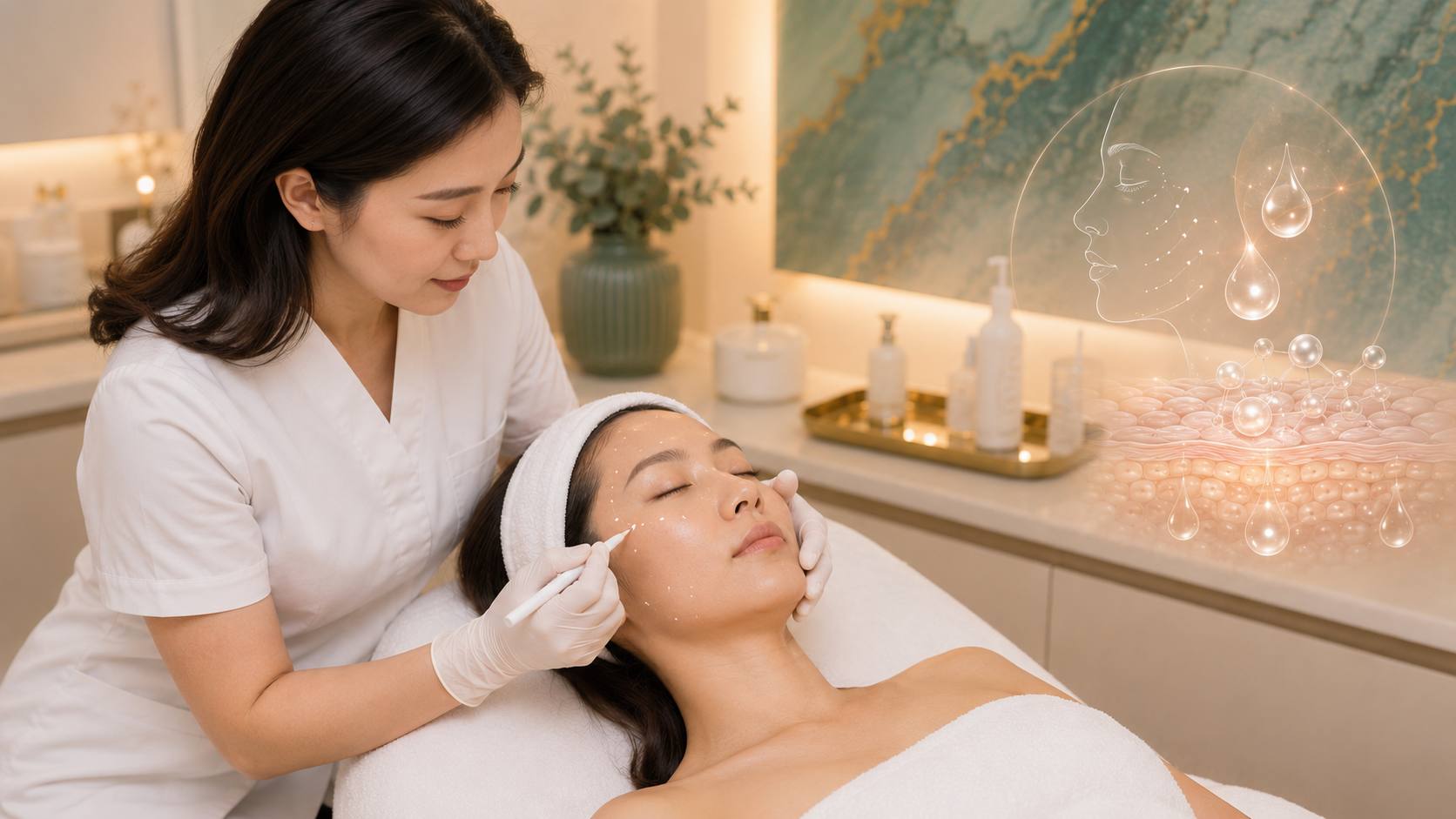 Doctor performing Hyalual Electri skin booster microinjections with careful technique