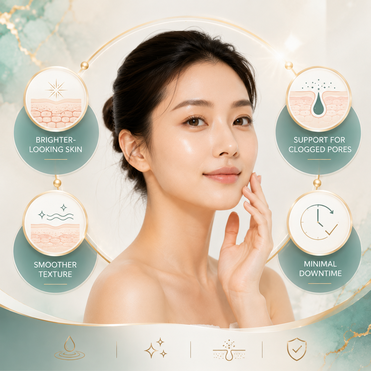 LHALA Peel treatment benefits showing glow, smoother texture, clearer-looking pores and low downtime