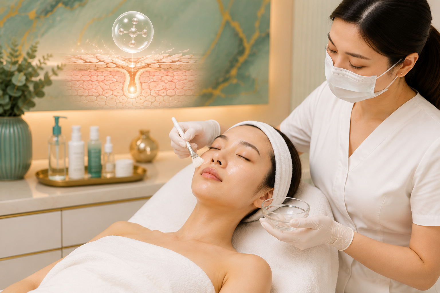 Illustration of LHALA Peel preparation showing facial cleansing and skin preparation before treatment