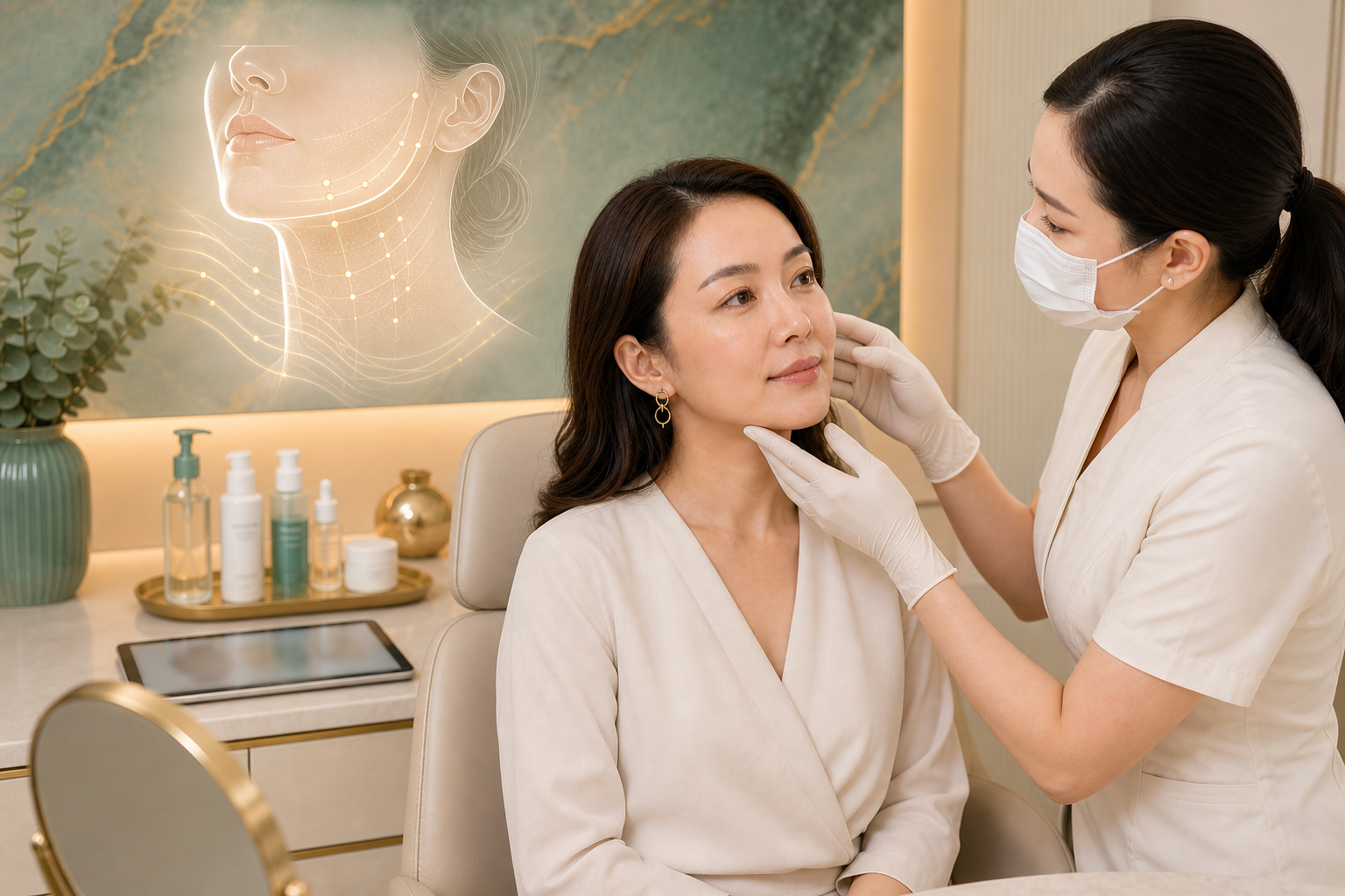 Doctor assessing facial laxity and treatment areas before Liftera-V HIFU