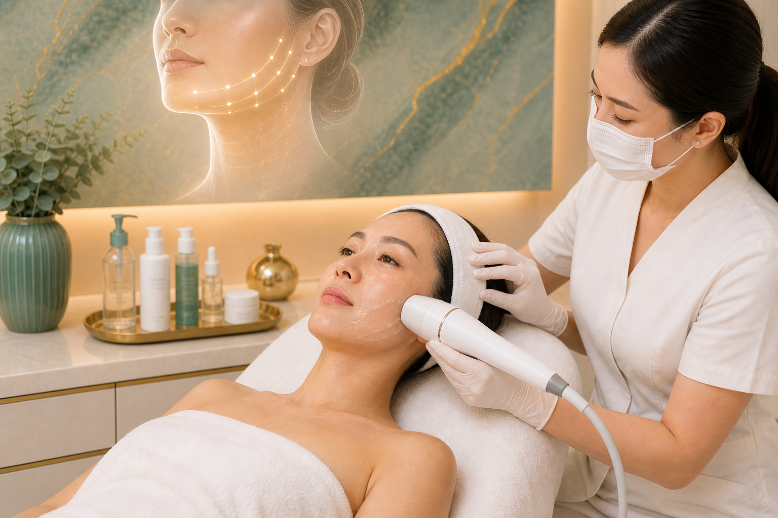 Liftera-V pen applicator delivering focused ultrasound treatment along the lower face