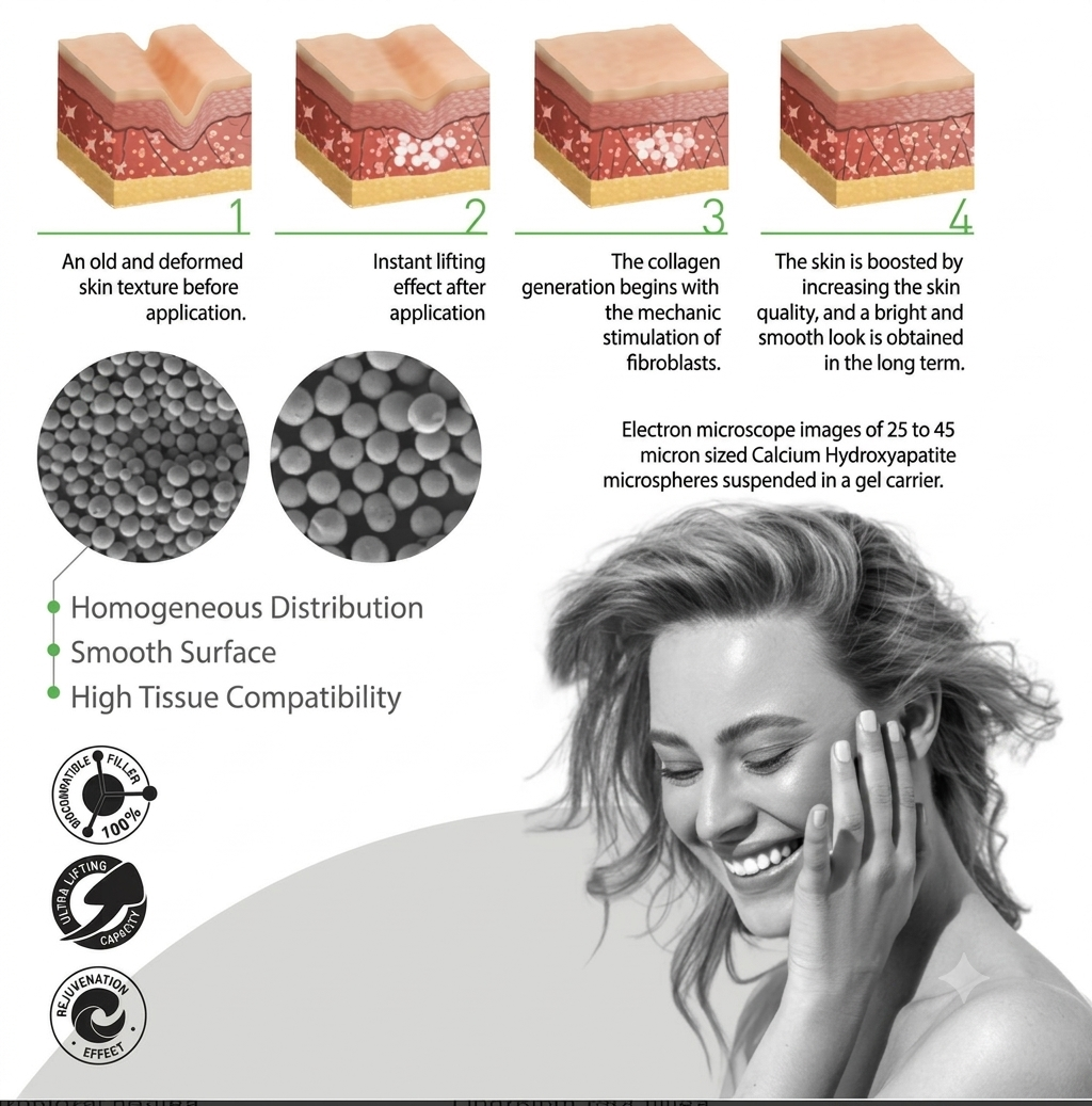 Novuma CaHA mechanism showing collagen stimulation, dermal density improvement and long-term skin quality