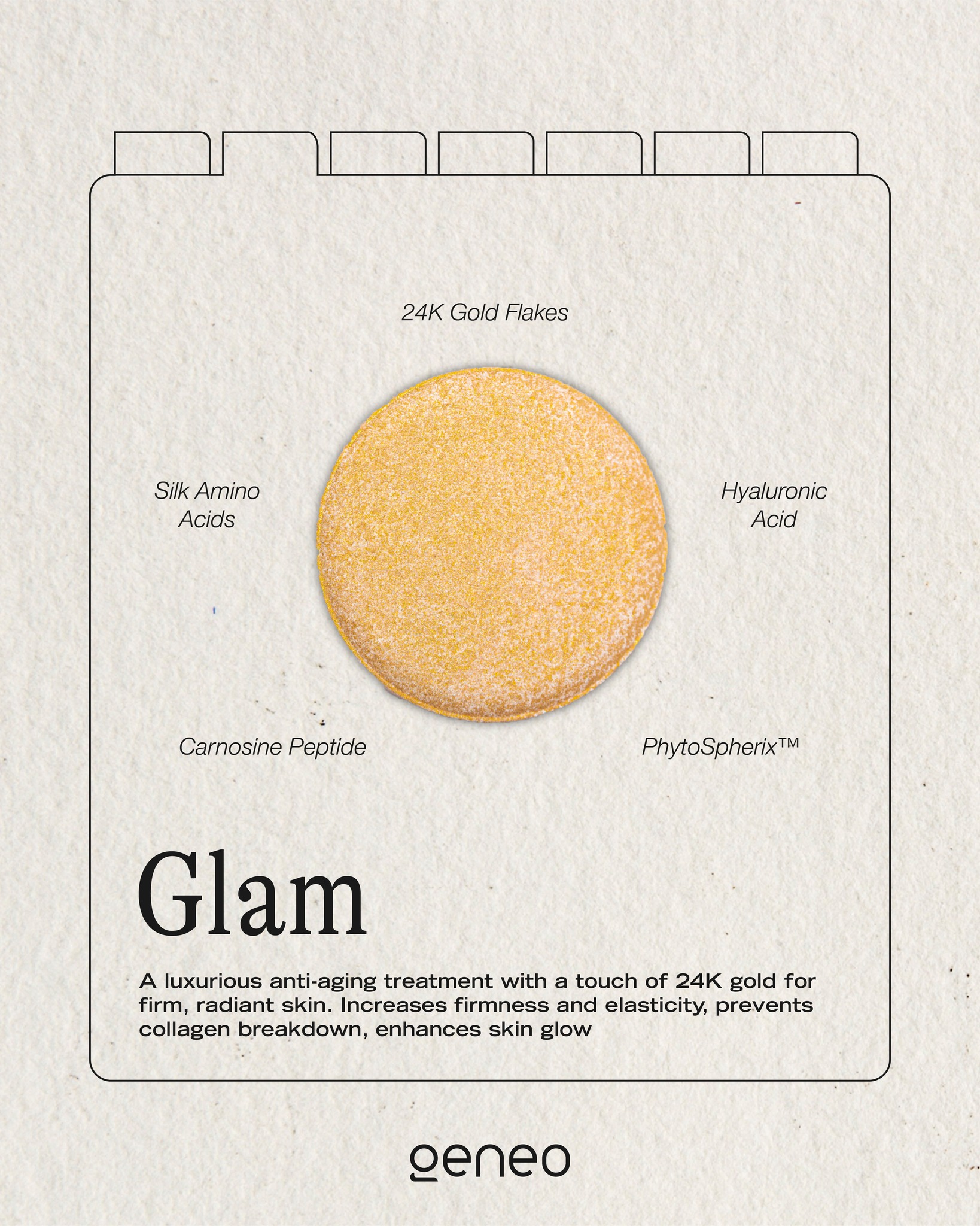 OxyGeneo Glam OxyPod showing 24K gold flakes with Silk Amino Acids, Hyaluronic Acid, Carnosine Peptide, and PhytoSpherix actives