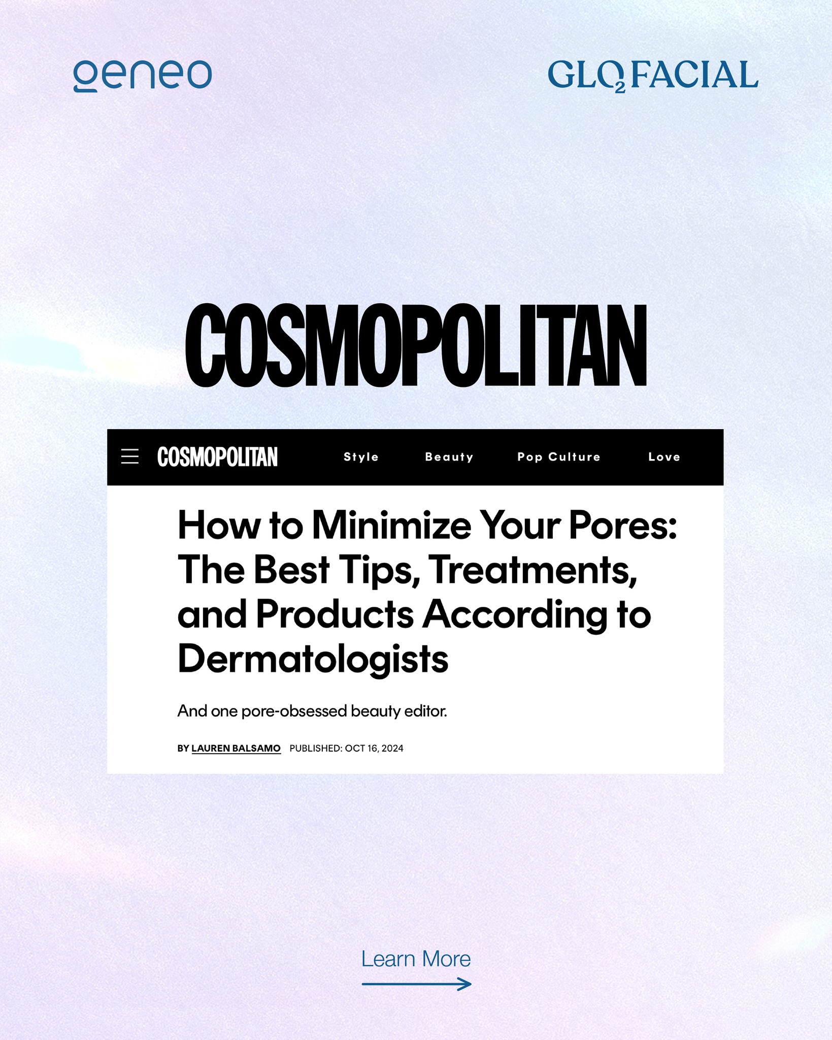 Cosmopolitan article excerpt referencing Glo2Facials using oxygen bubbles to exfoliate the skin