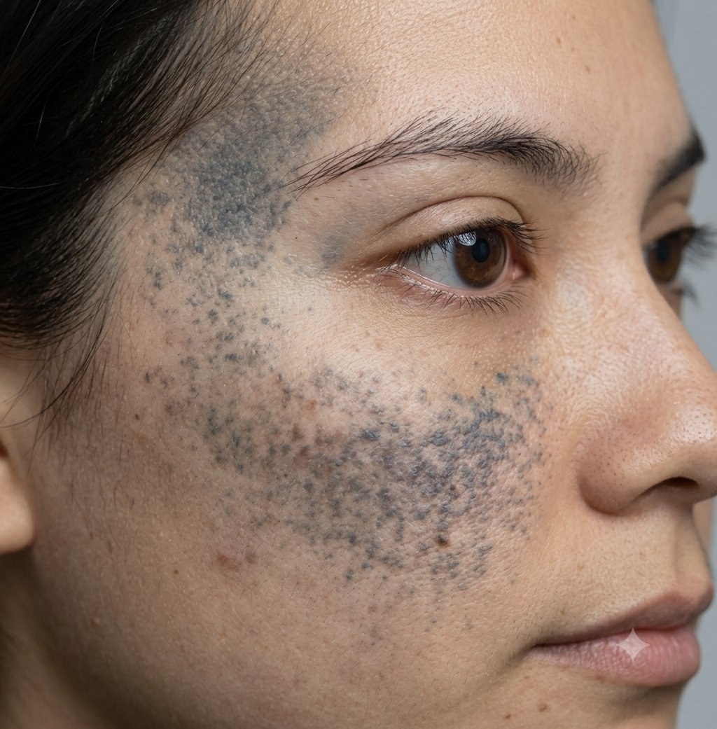 Bluish-grey Nevus of Ota pigmentation around the eye and cheekbone