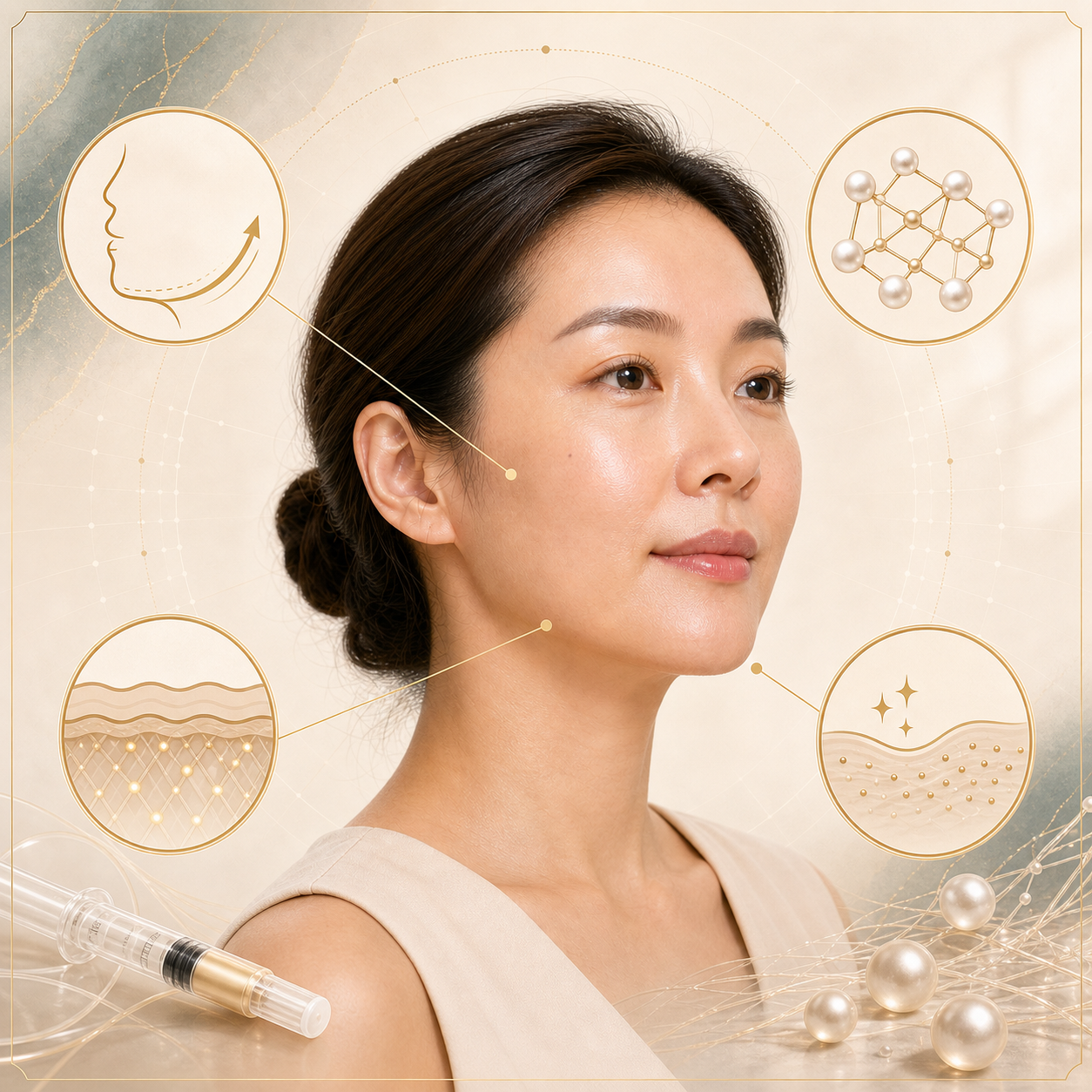 Radiesse biostimulator benefits showing contour support, collagen stimulation, firmness and skin quality