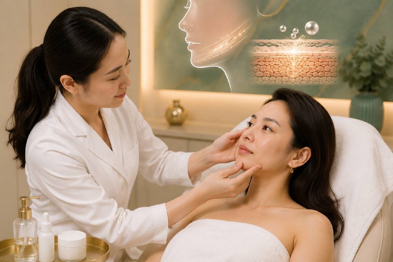 Doctor assessing facial contour and skin quality before Radiesse biostimulator treatment