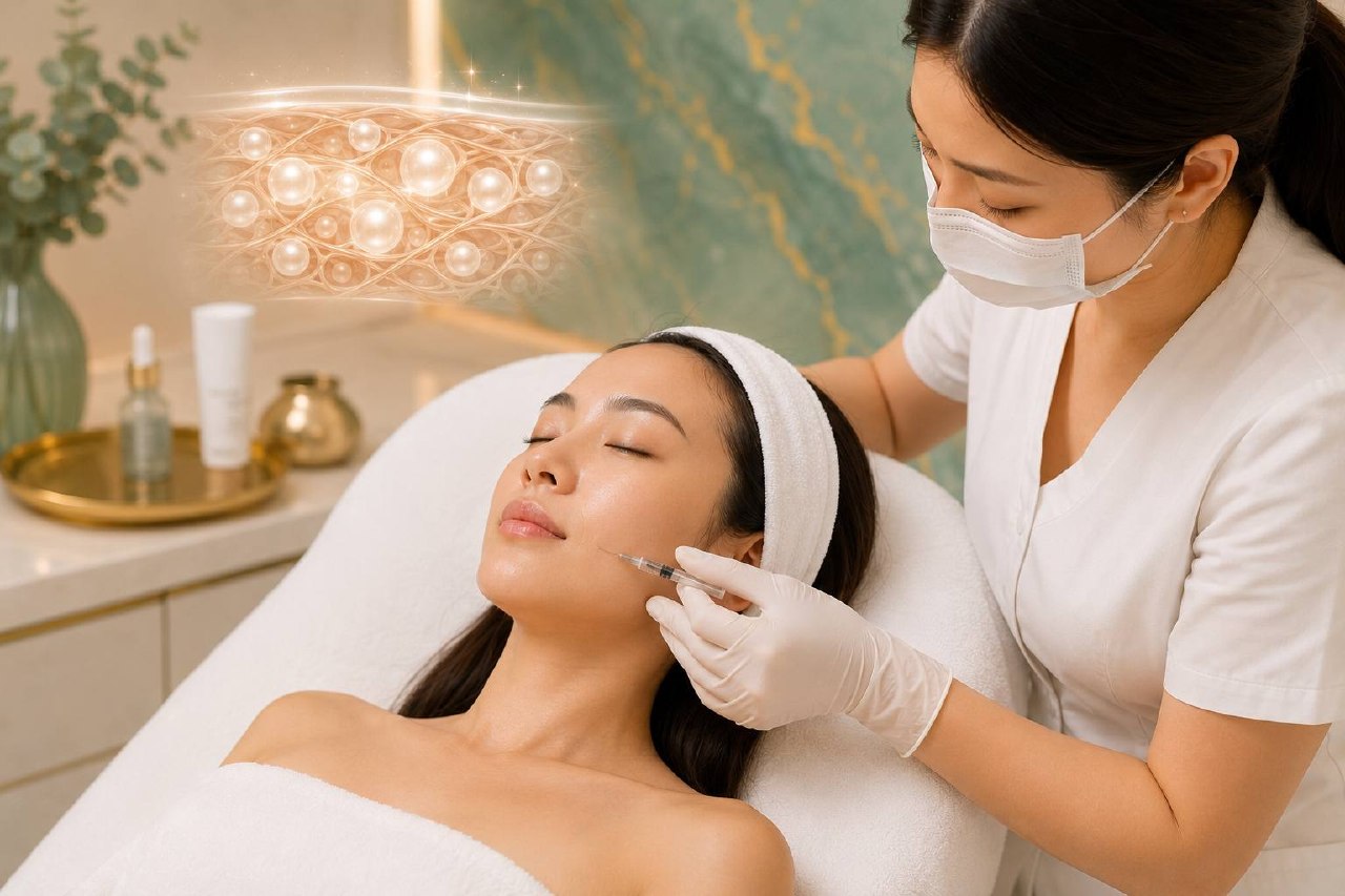 Doctor performing Radiesse biostimulator injection with careful medical technique
