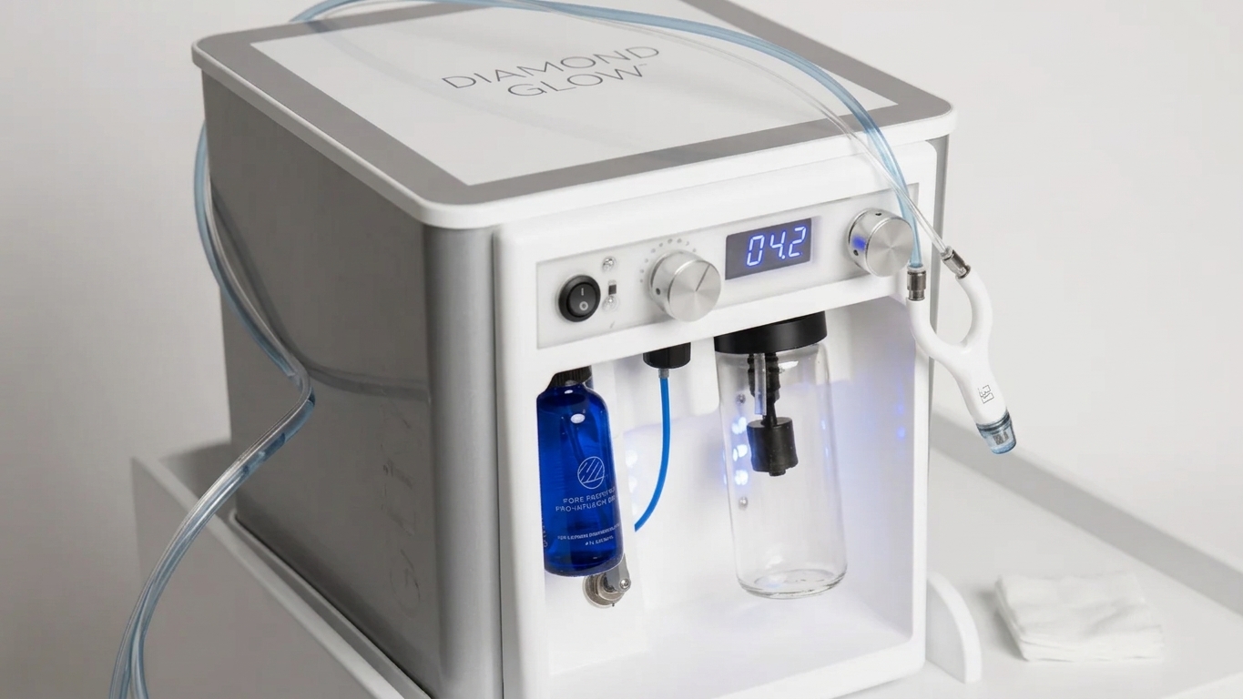 DiamondGlow dermalinfusion console with serum bottle, waste canister and diamond-tip handpiece