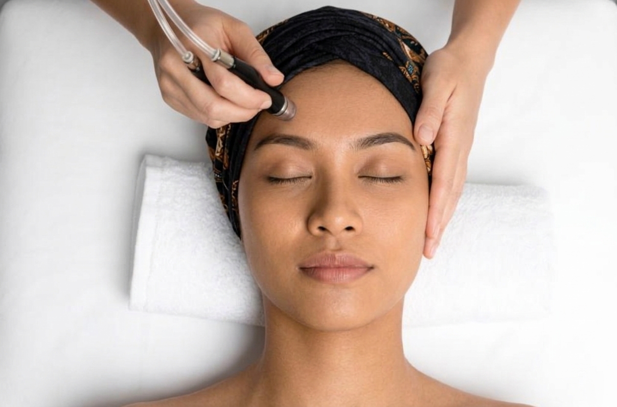SilkPeel Dermalinfusion diamond-tip handpiece performing simultaneous exfoliation, extraction and serum infusion on facial skin