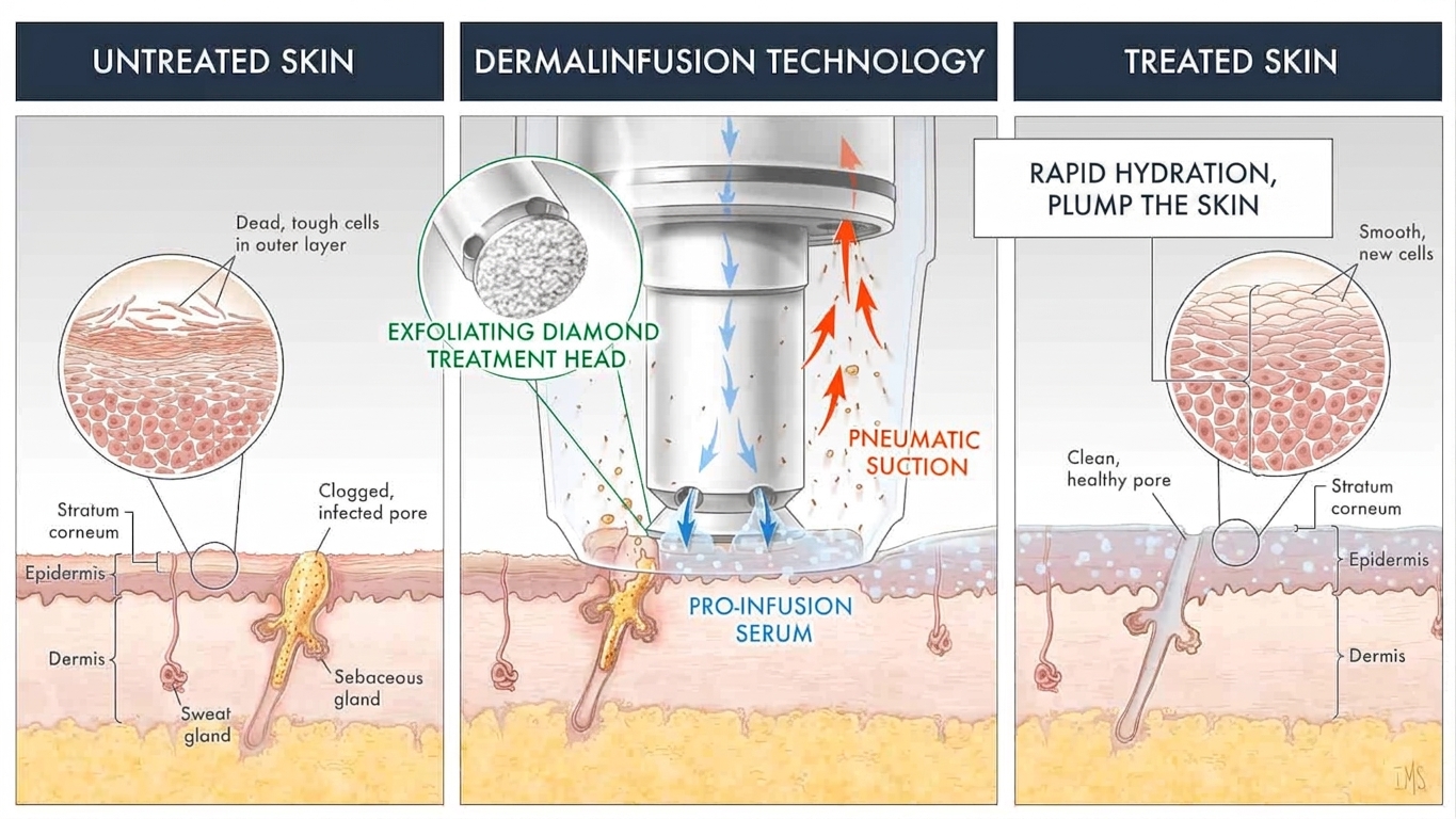 Cross-section illustration comparing untreated skin, the dermalinfusion handpiece exfoliating with a diamond tip while suction extracts debris and serum is infused, and treated skin