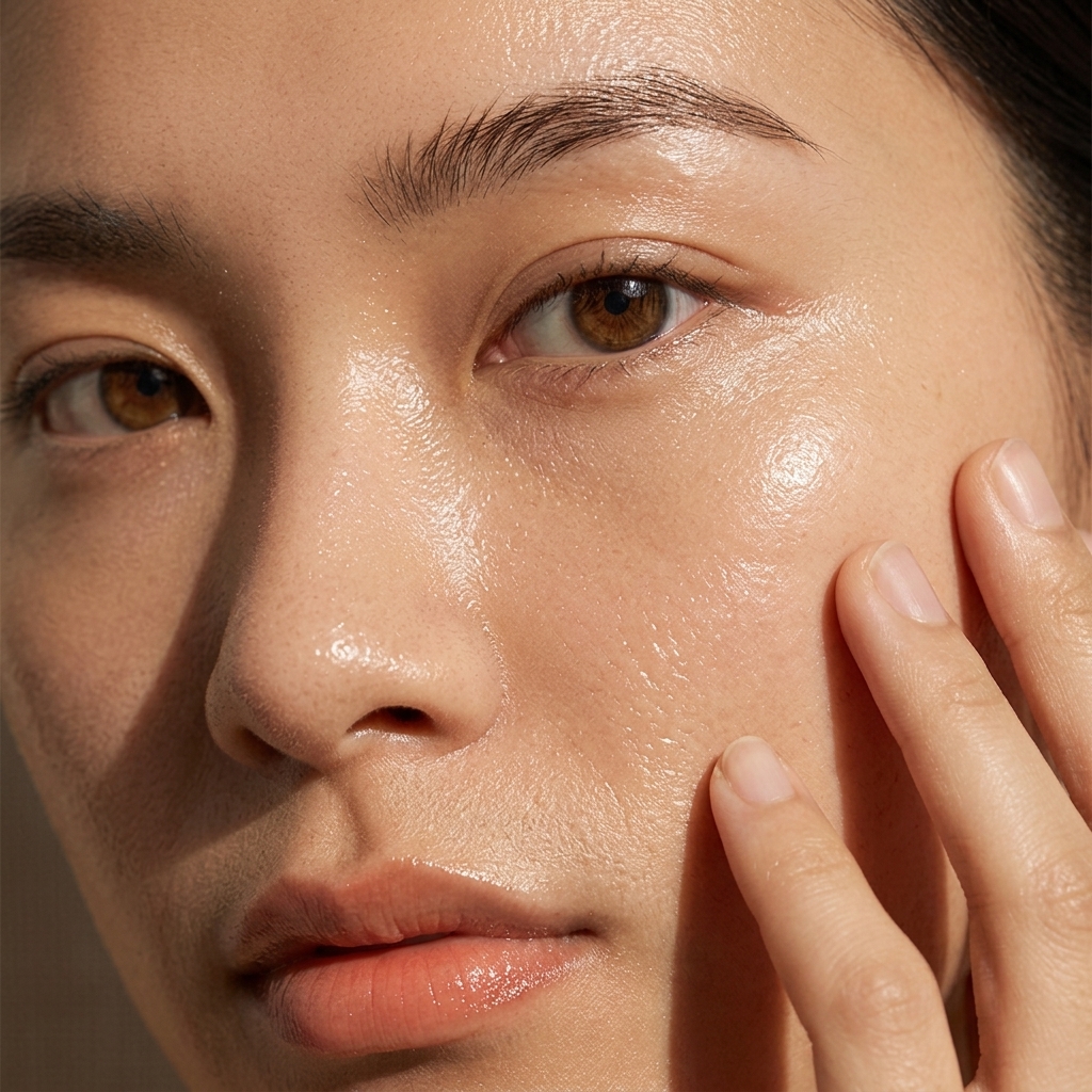 Close-up of facial skin showing surface texture and hydration on the cheek area